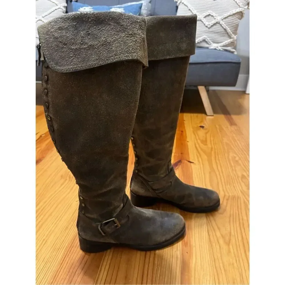 TORY BURCH Tarulli Boots Studded Riding Brown Distressed Over Knee Women’s 10M